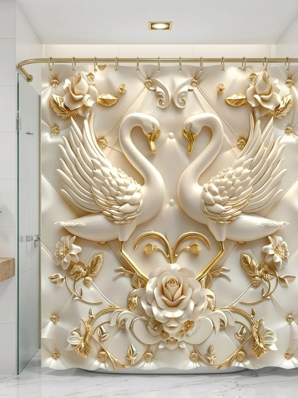 Swans In Love 2D Elegant Ivory & Gold Decor Luxury Shower Curtain